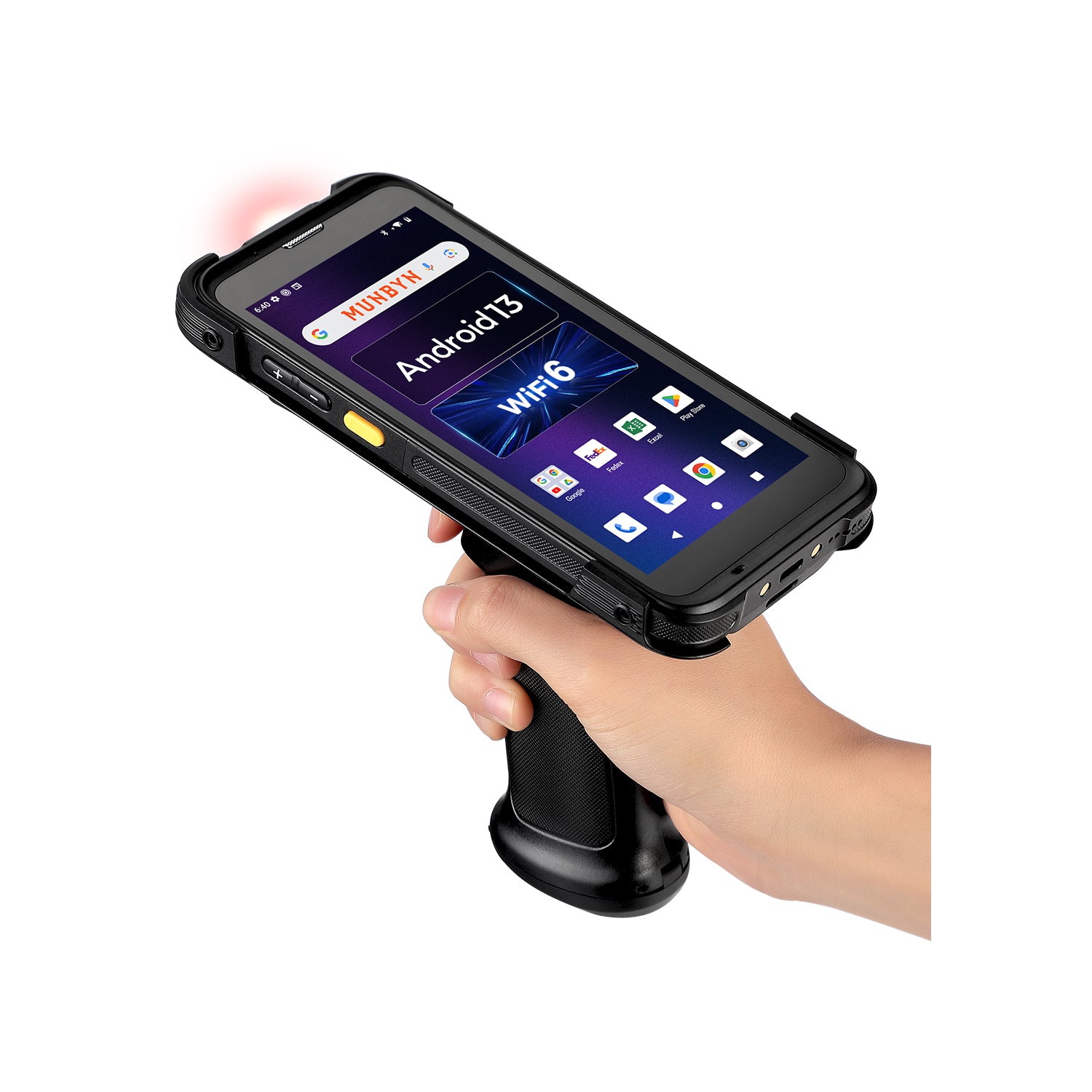 Hand holding a rugged Android 13 barcode scanner with WiFi 6, touch screen, and ergonomic grip