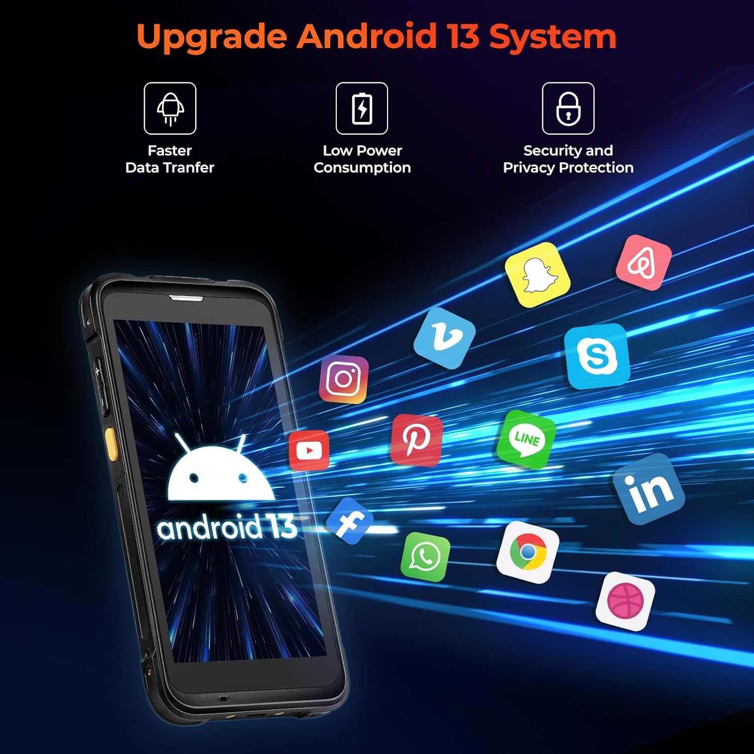 Rugged handheld device displaying Android 13 system with social media app icons and feature highlights