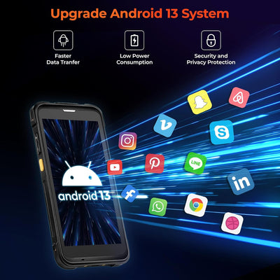 Rugged handheld device displaying Android 13 system with social media app icons and feature highlights