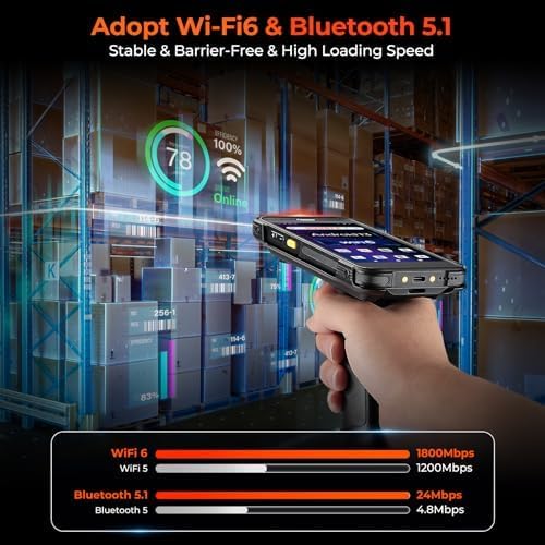Handheld barcode scanner with touchscreen in warehouse, supports Wi-Fi 6 and Bluetooth 5.1