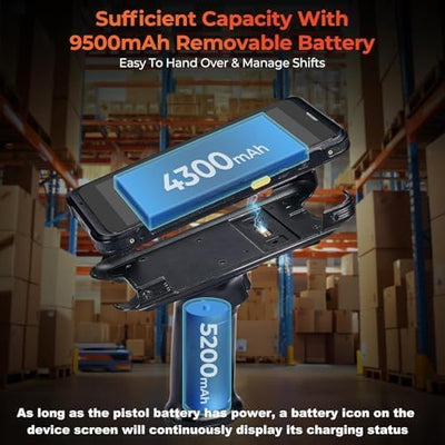 Handheld barcode scanner with removable 9500mAh battery in a warehouse setting