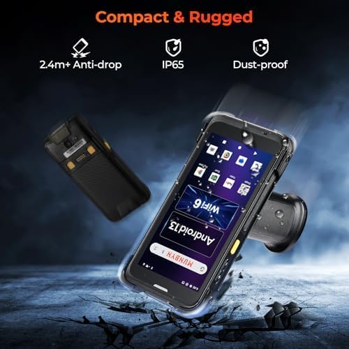 Rugged handheld Android device showing durability features, anti-drop, IP65, dust-proof