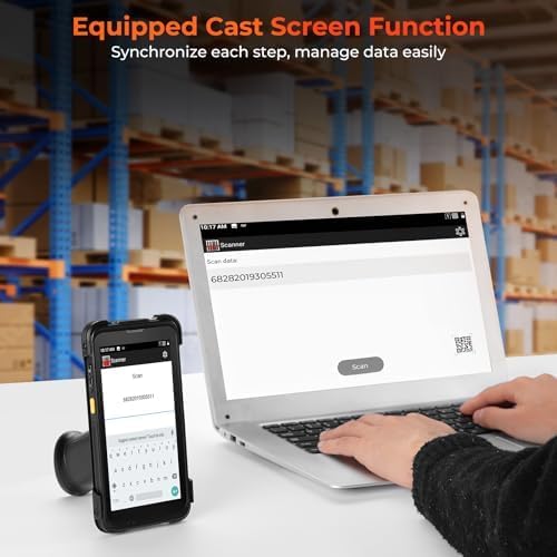 Barcode scanner synchronizing data with laptop in warehouse setting