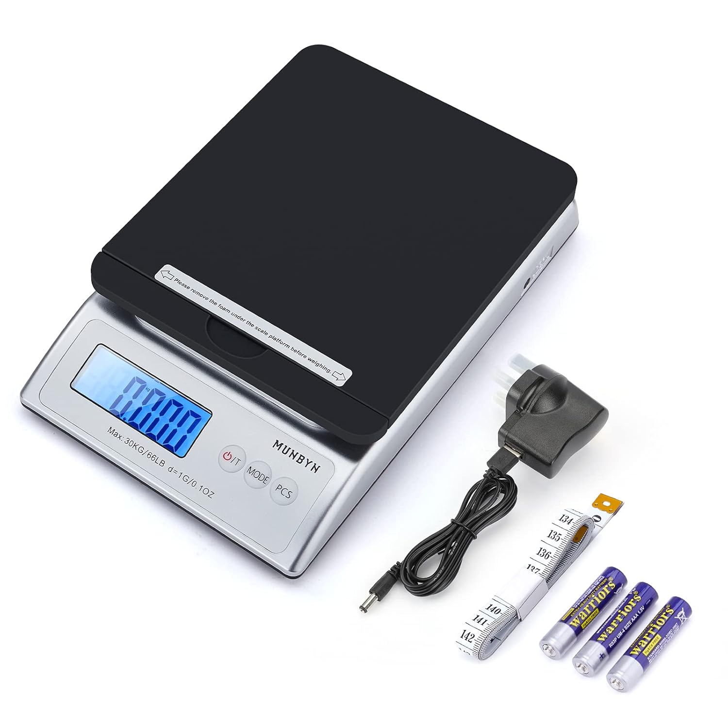 Digital shipping scale with LCD display, power adapter, batteries, and measuring tape