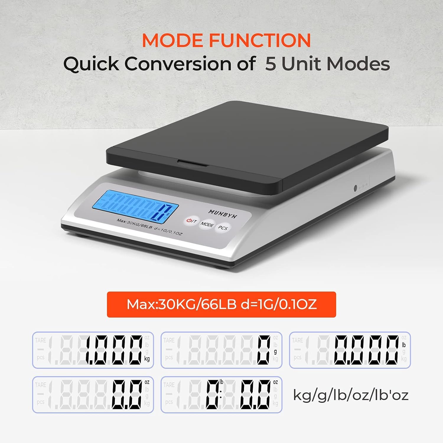 Digital shipping scale with LCD display, 30kg capacity, supports kg, lb, oz conversion