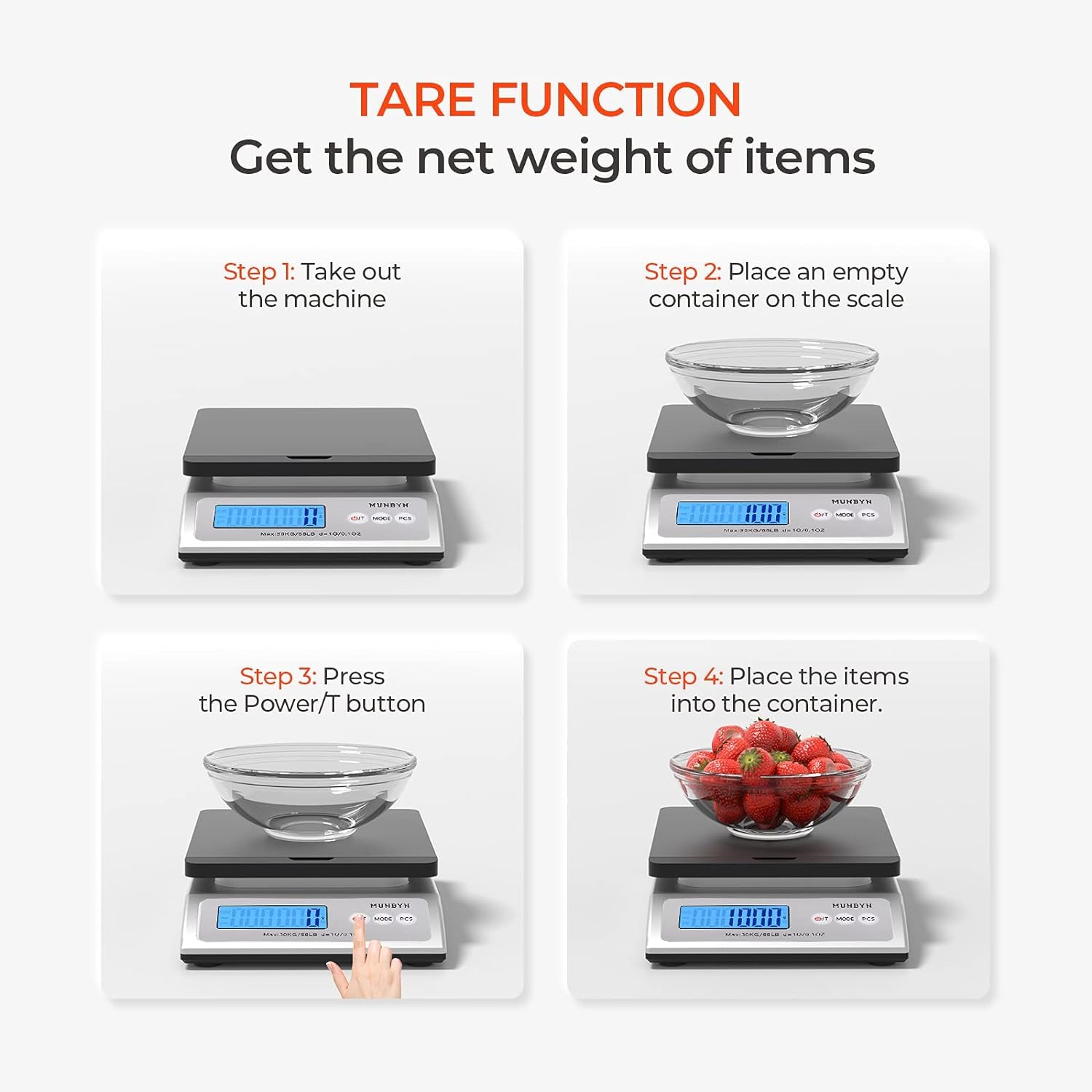 Digital kitchen scale tare function instructions with container and strawberries