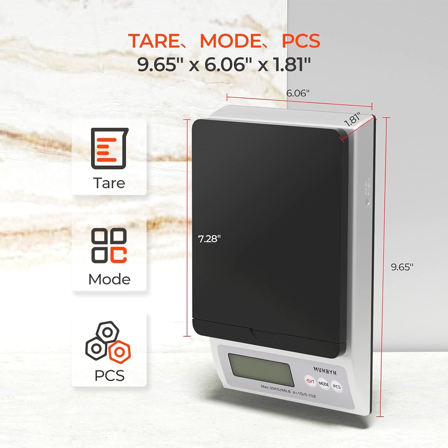 Digital shipping scale with LCD display, tare, mode, and PCS functions, size 9.65x6.06x1.81 inches