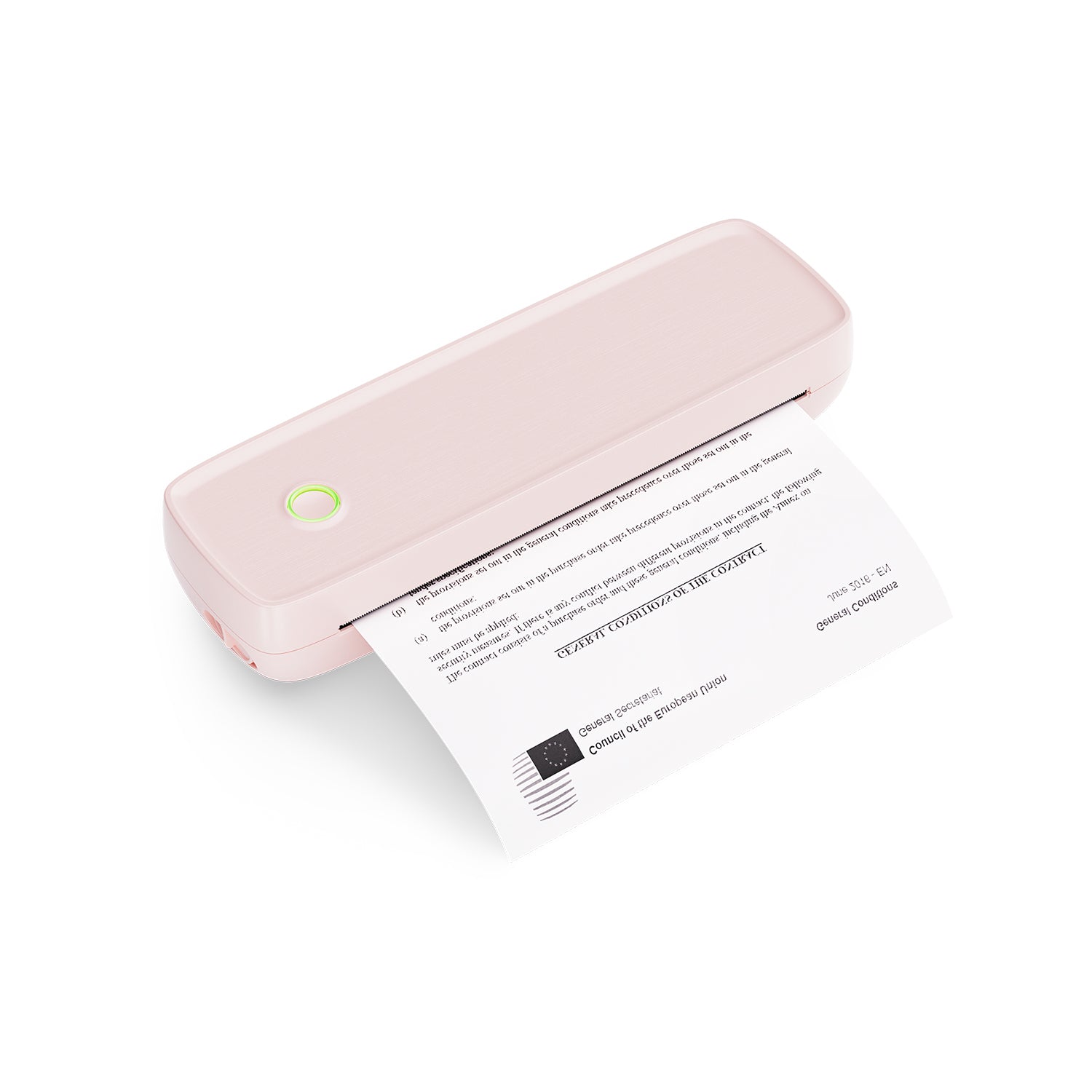 Compact pink thermal printer printing a monochrome document on white background