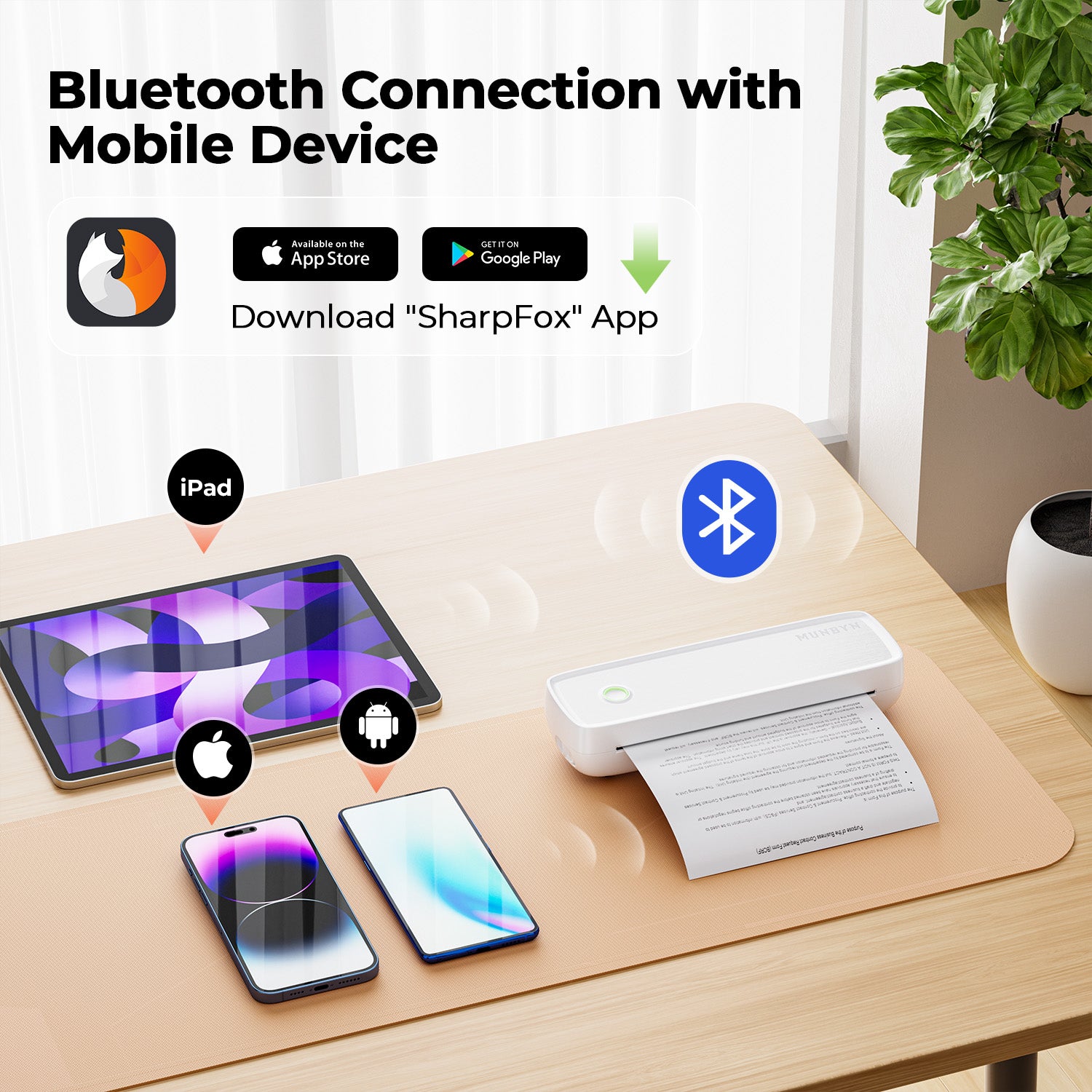 Bluetooth portable thermal printer printing document, connected to iPad and smartphones.