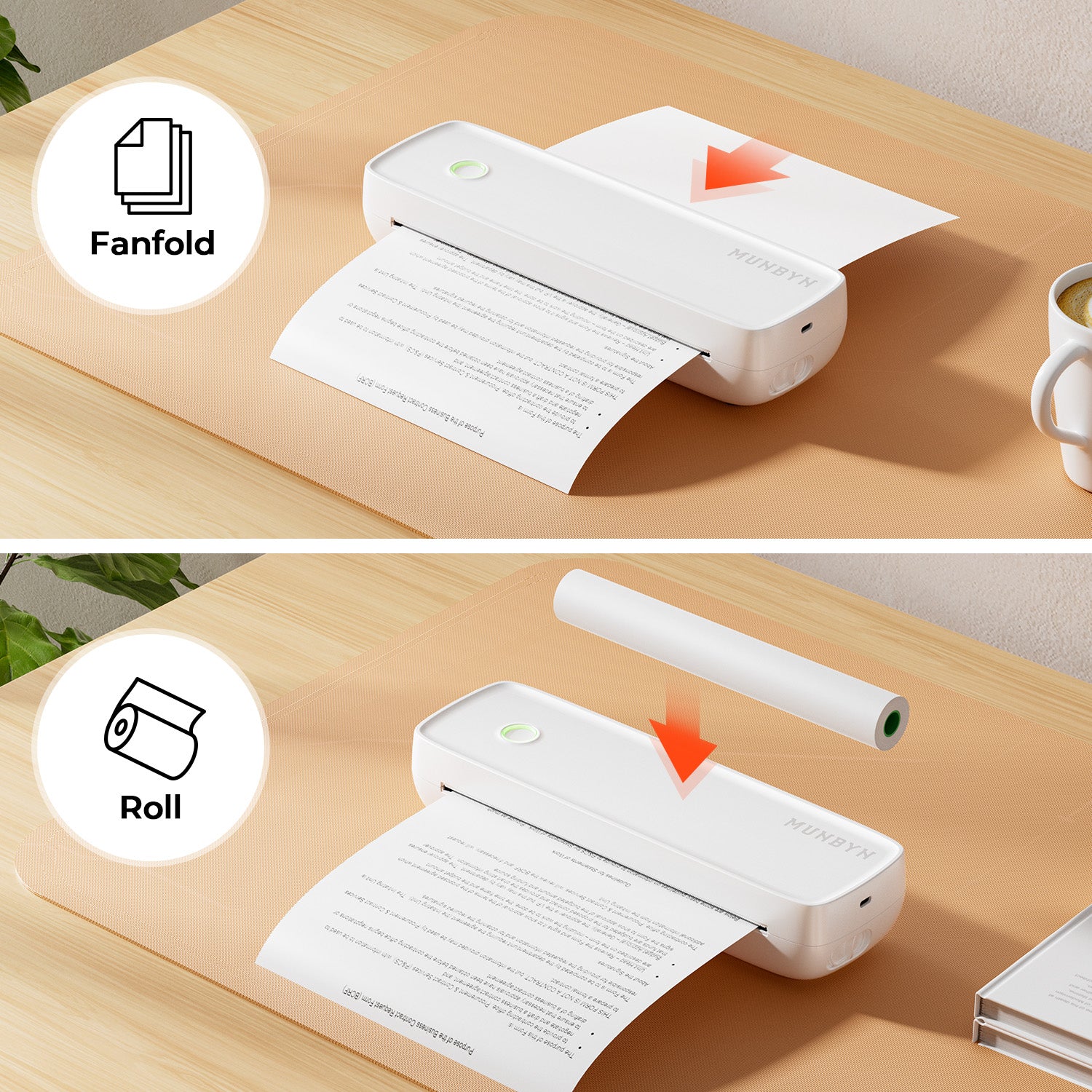 White thermal printer on desk printing document, compatible with fanfold and roll paper