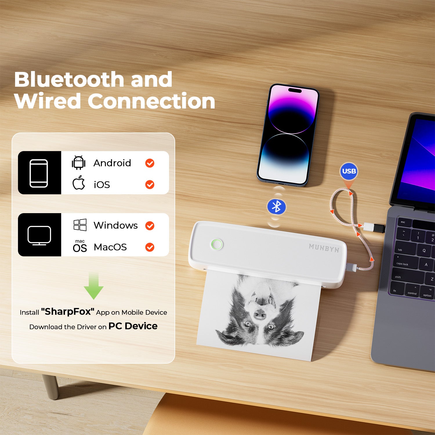 Portable thermal printer printing dog photo, connected via Bluetooth and USB to phone and laptop