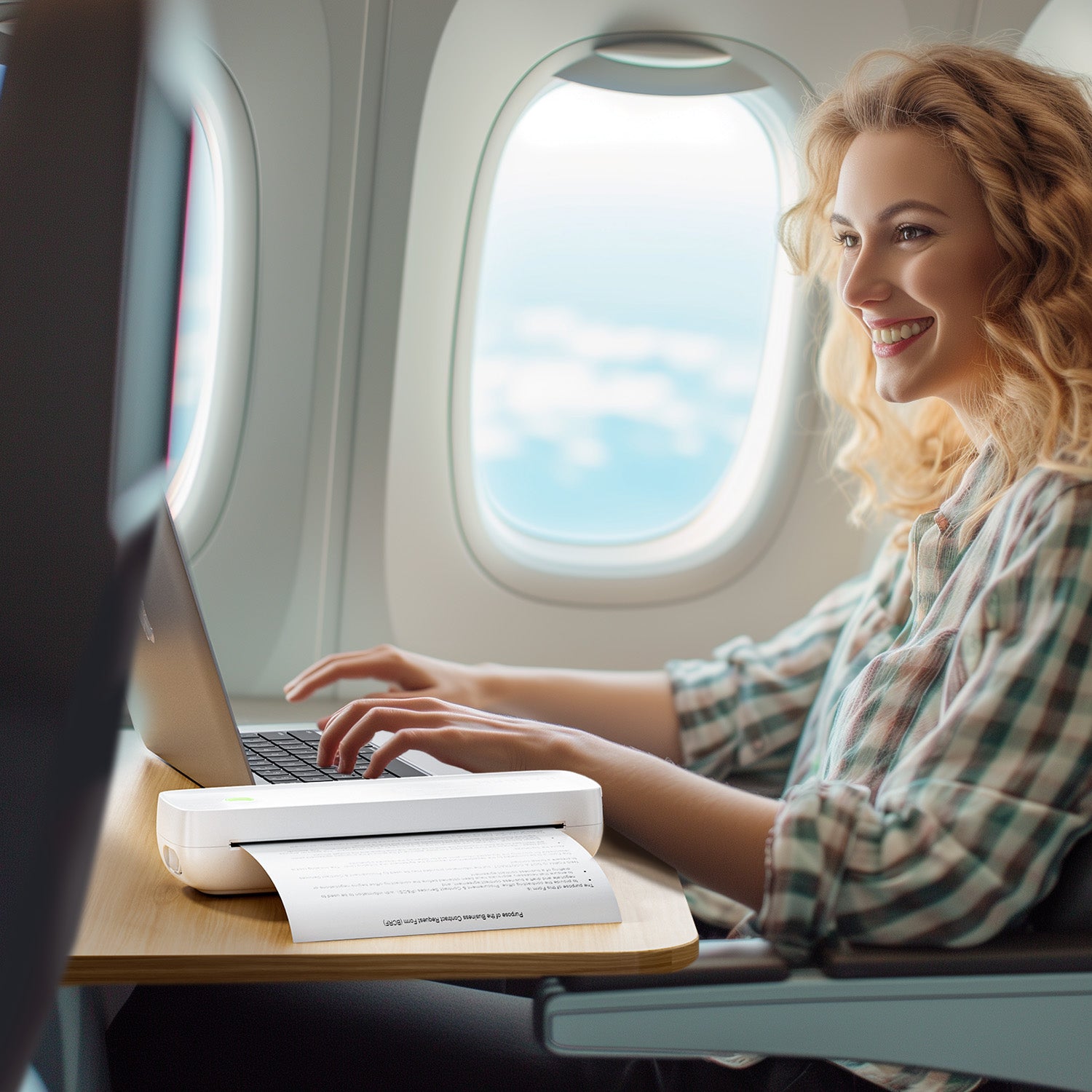 Woman using portable thermal printer and laptop on airplane tray table