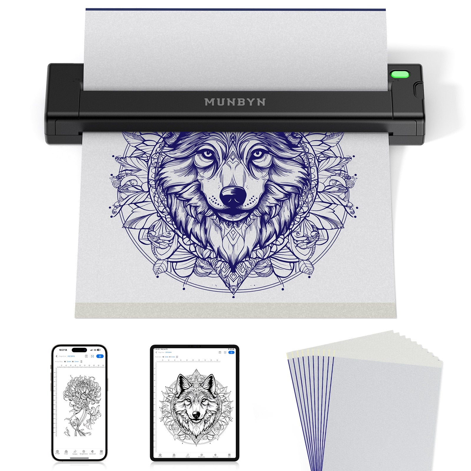 MUNBYN ITP05S Tattoo Stencil Bluetooth Thermal Printer with 20 Sheets Transfer Paper