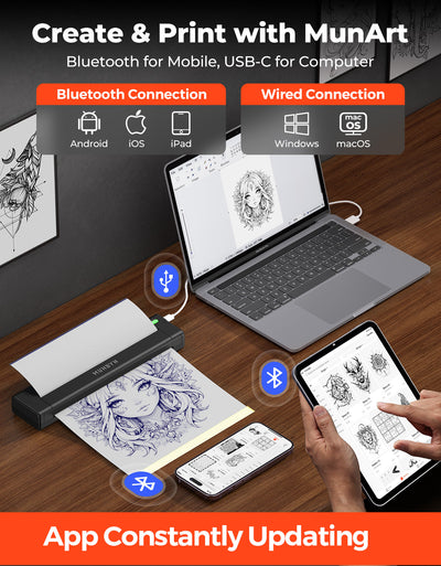 MUNBYN ITP05S Tattoo Stencil Bluetooth Thermal Printer with 20 Sheets Transfer Paper