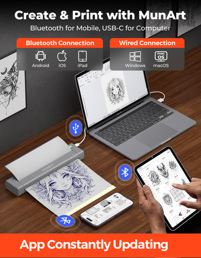 MUNBYN ITP05S Tattoo Stencil Bluetooth Thermal Printer with 20 Sheets Transfer Paper