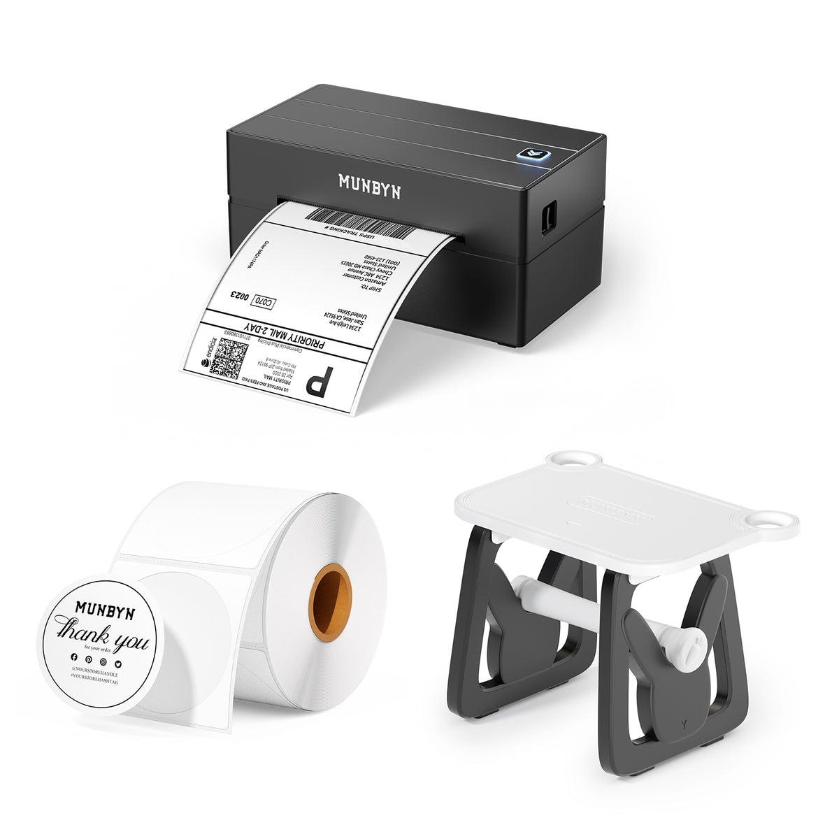 Thermal label printer with printed shipping label, blank label roll, and label holder on white background