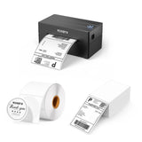 Thermal label printer with shipping labels and round thank you label roll on white background