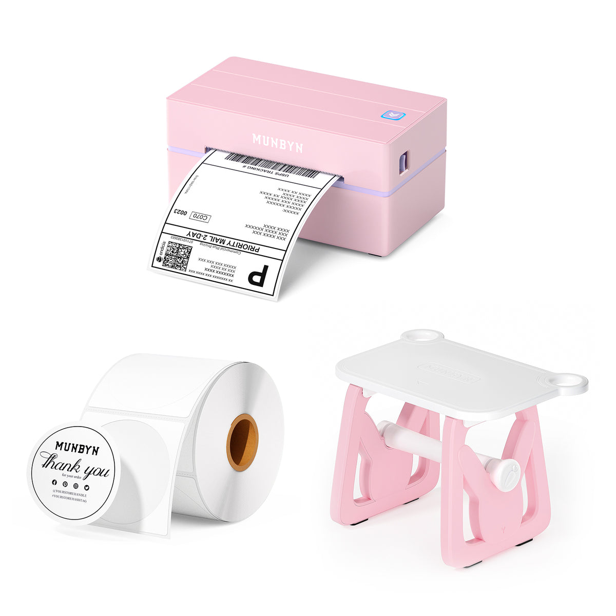 Pink thermal label printer printing shipping label, label roll, and label holder on white background