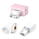 Pink thermal label printer with shipping label, label roll, and stack of blank labels