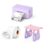 Purple thermal label printer with shipping label, blank label roll, and pink-purple label holder