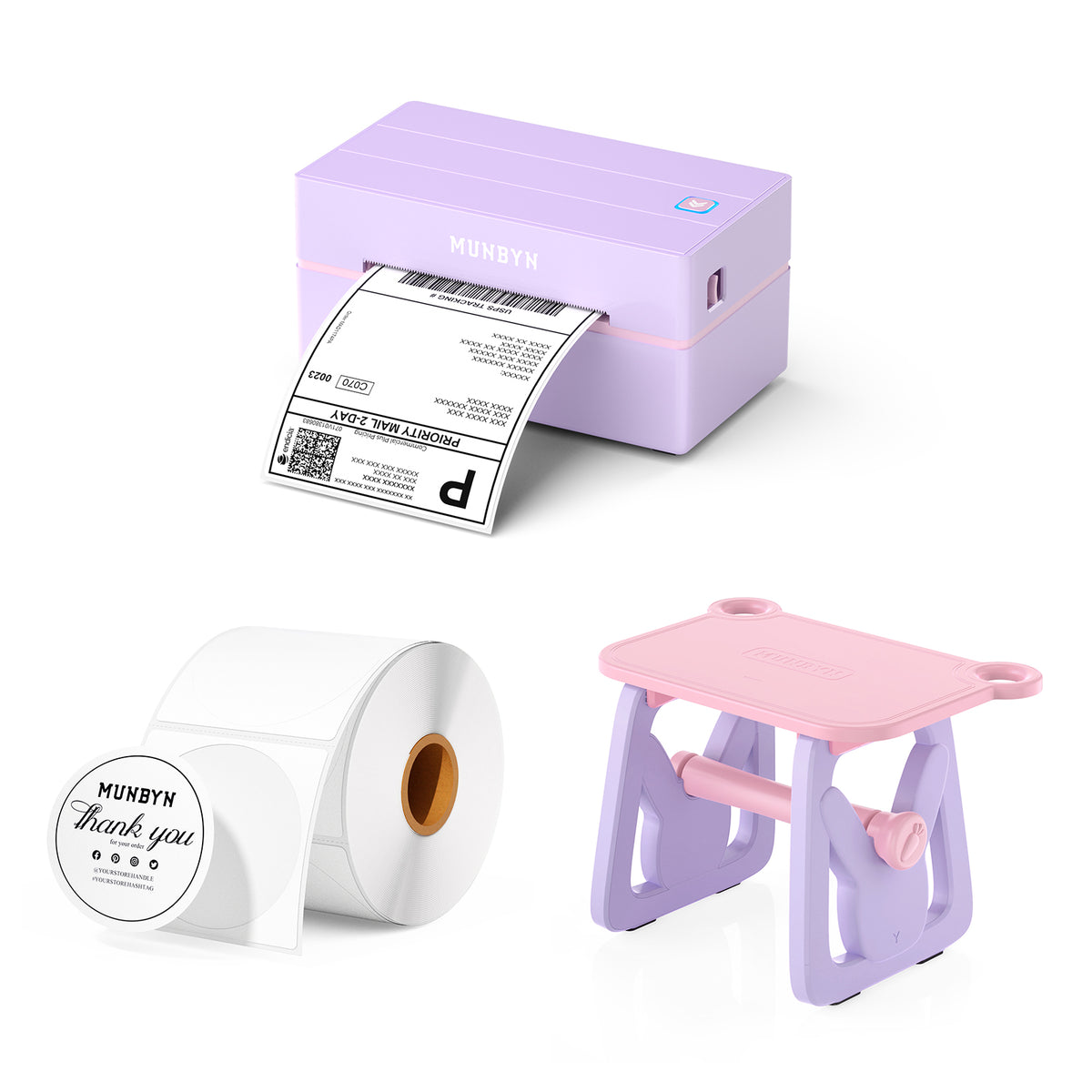 Purple thermal label printer with shipping label, blank label roll, and pink-purple label holder