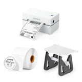 White thermal label printer with shipping label, label roll, and label holder on white background