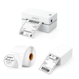 White thermal label printer with printed shipping label, blank label roll, and label stack