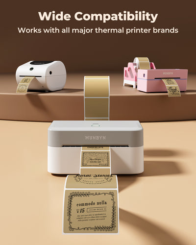Three thermal label printers printing custom brown shipping labels on a tan background.