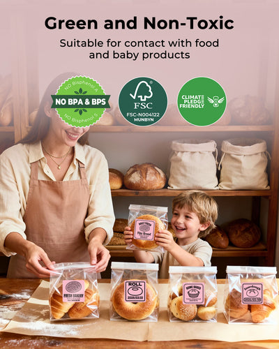 Mother and child packaging bread in BPA-free, food-safe clear bags with pink thermal labels