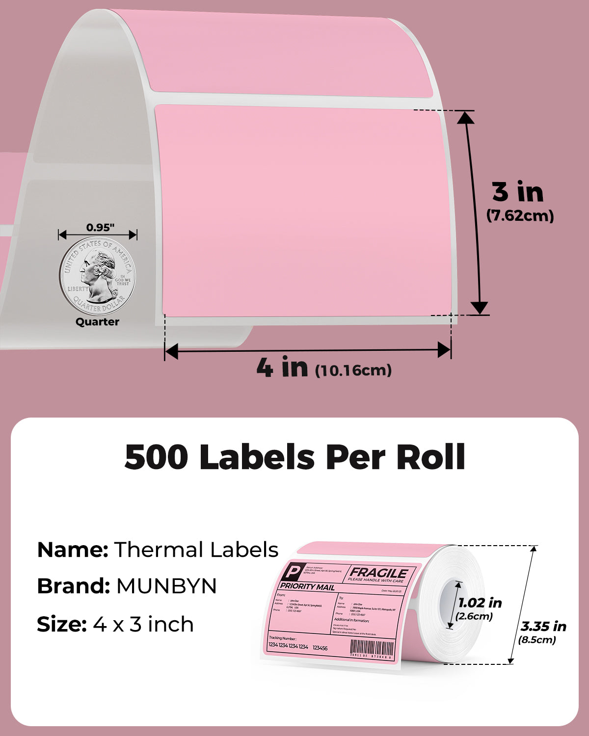4x3 inch rectangle labels printed on MUNBYN label printer paper, shown on a clean white background.
