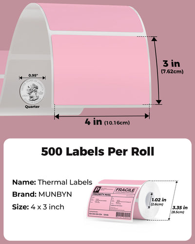 4x3 inch rectangle labels printed on MUNBYN label printer paper, shown on a clean white background.