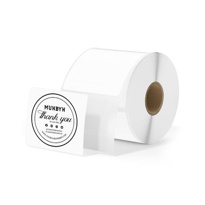 Roll of white thermal thank you labels for shipping and packaging orders