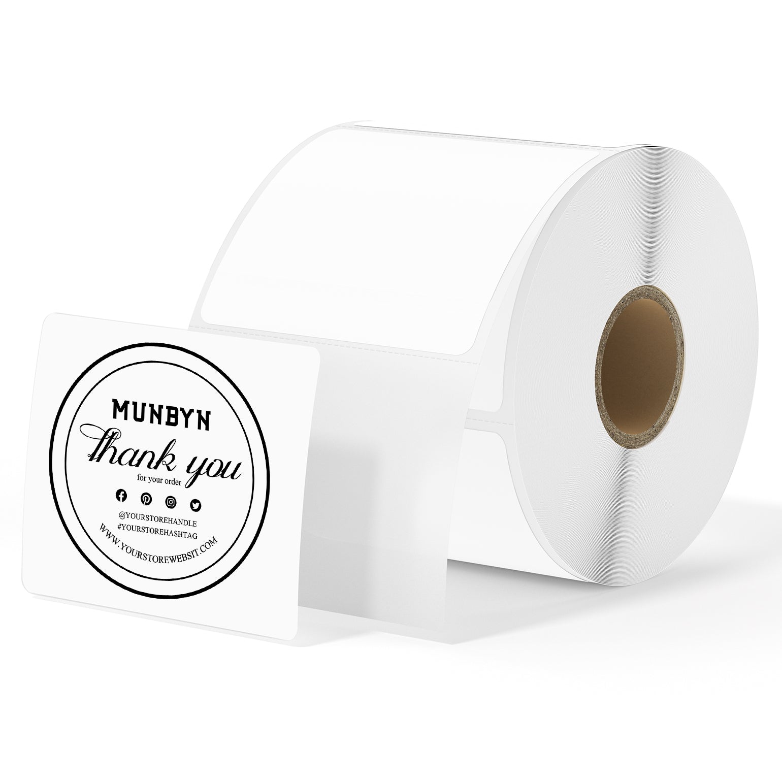 White roll of thermal thank you stickers for packaging, one label displayed in front