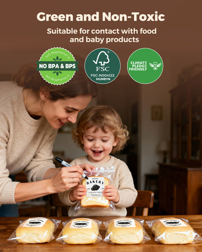 Mother and child labeling BPA-free bakery bread bags, eco-friendly food packaging