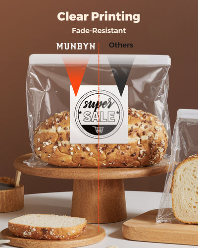 Comparison of clear, fade-resistant label printing on bread in plastic bag, wooden trays, text overlay.