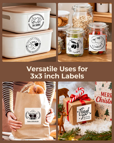 Versatile 3x3 inch labels on storage bins, glass jars, paper bag, and gift box