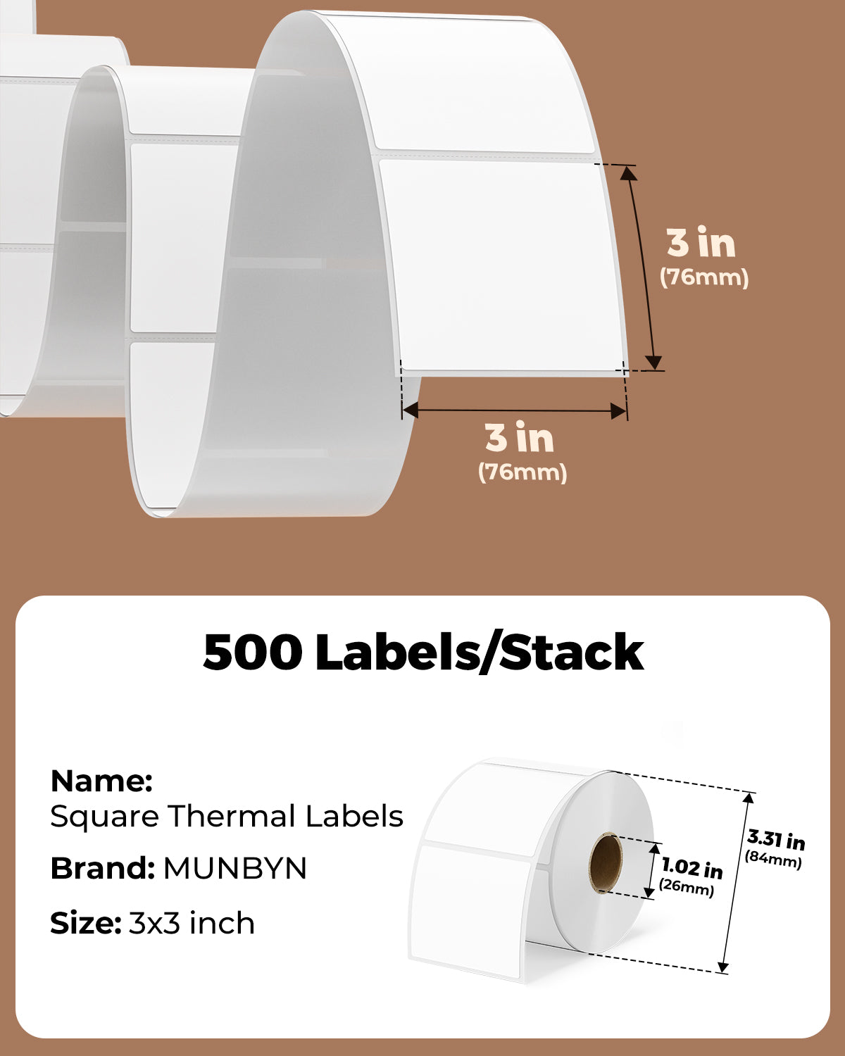 3x3 inch square white thermal labels on roll, 500 labels per stack, product dimensions shown.