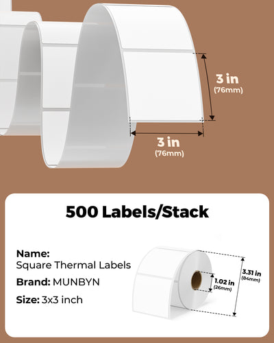 3x3 inch square white thermal labels on roll, 500 labels per stack, product dimensions shown.