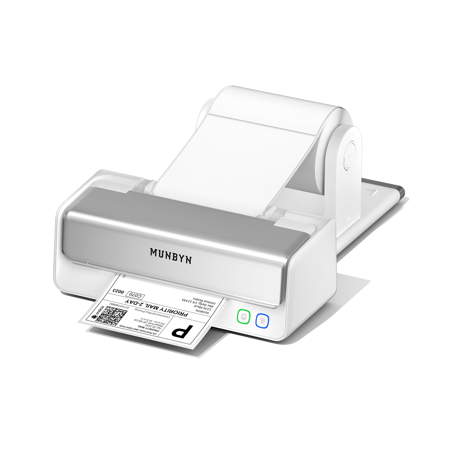 Thermal label printer with printed shipping label on white background