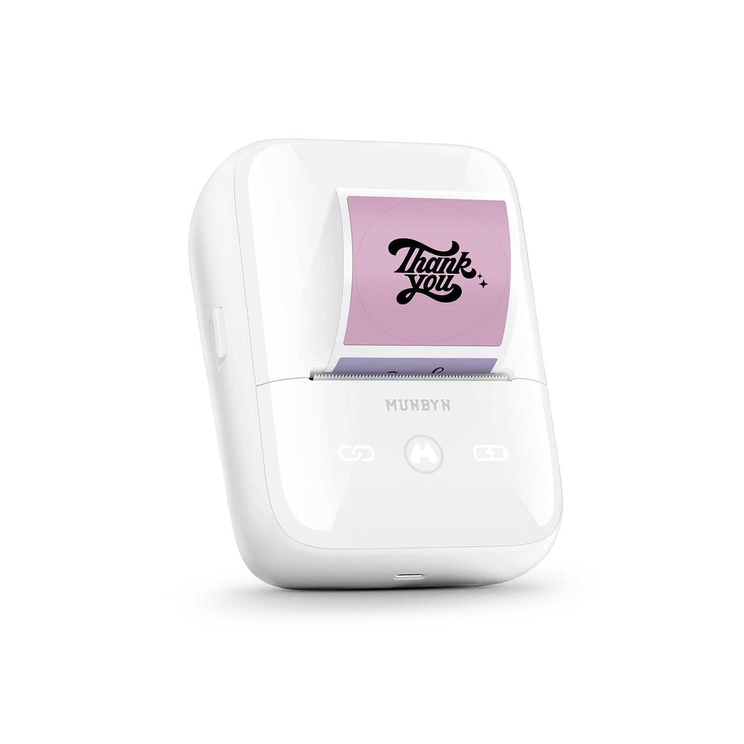 White thermal label printer printing a pink thank you sticker for shipping or packaging