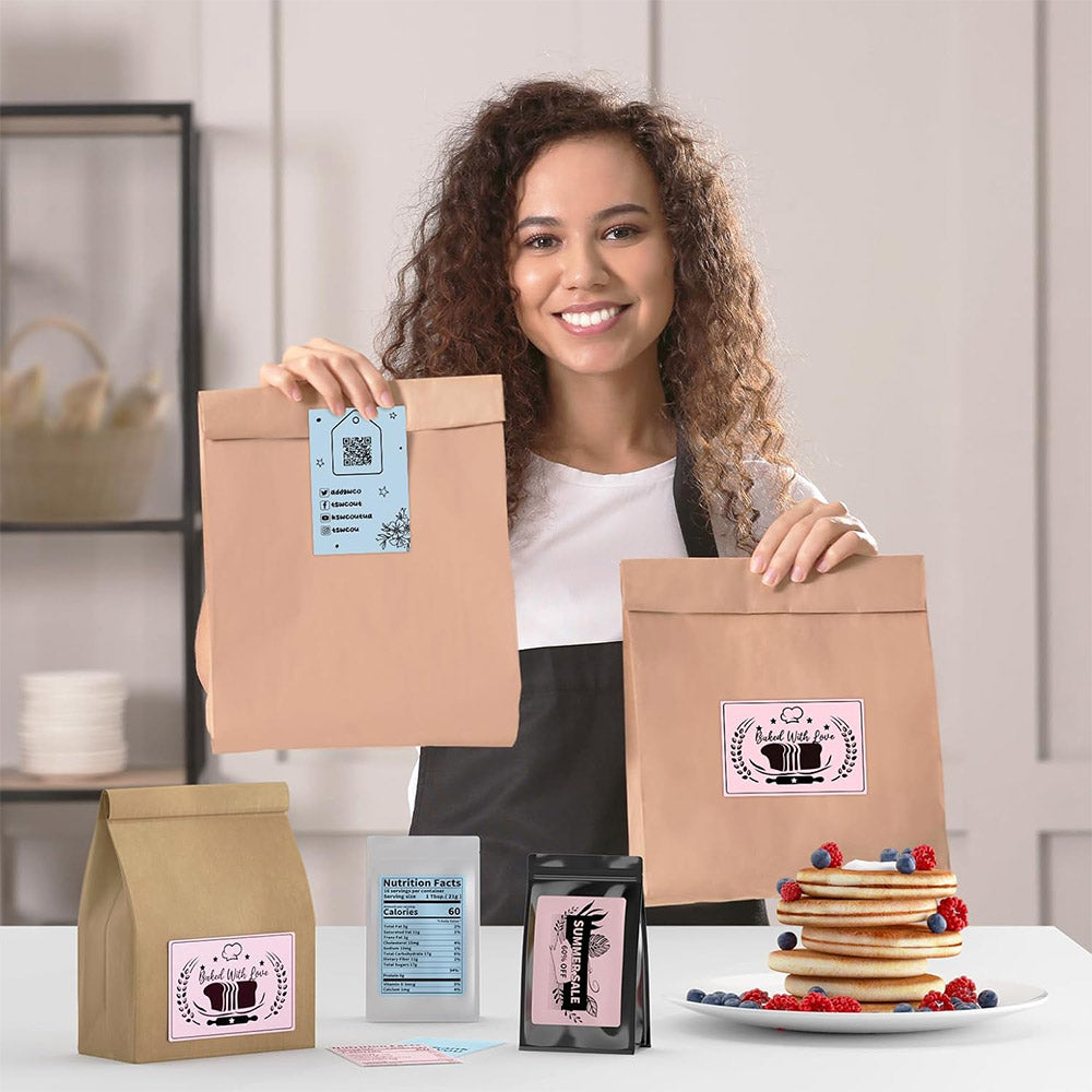 Woman displaying bakery packaging with custom thermal labels and healthy pancakes