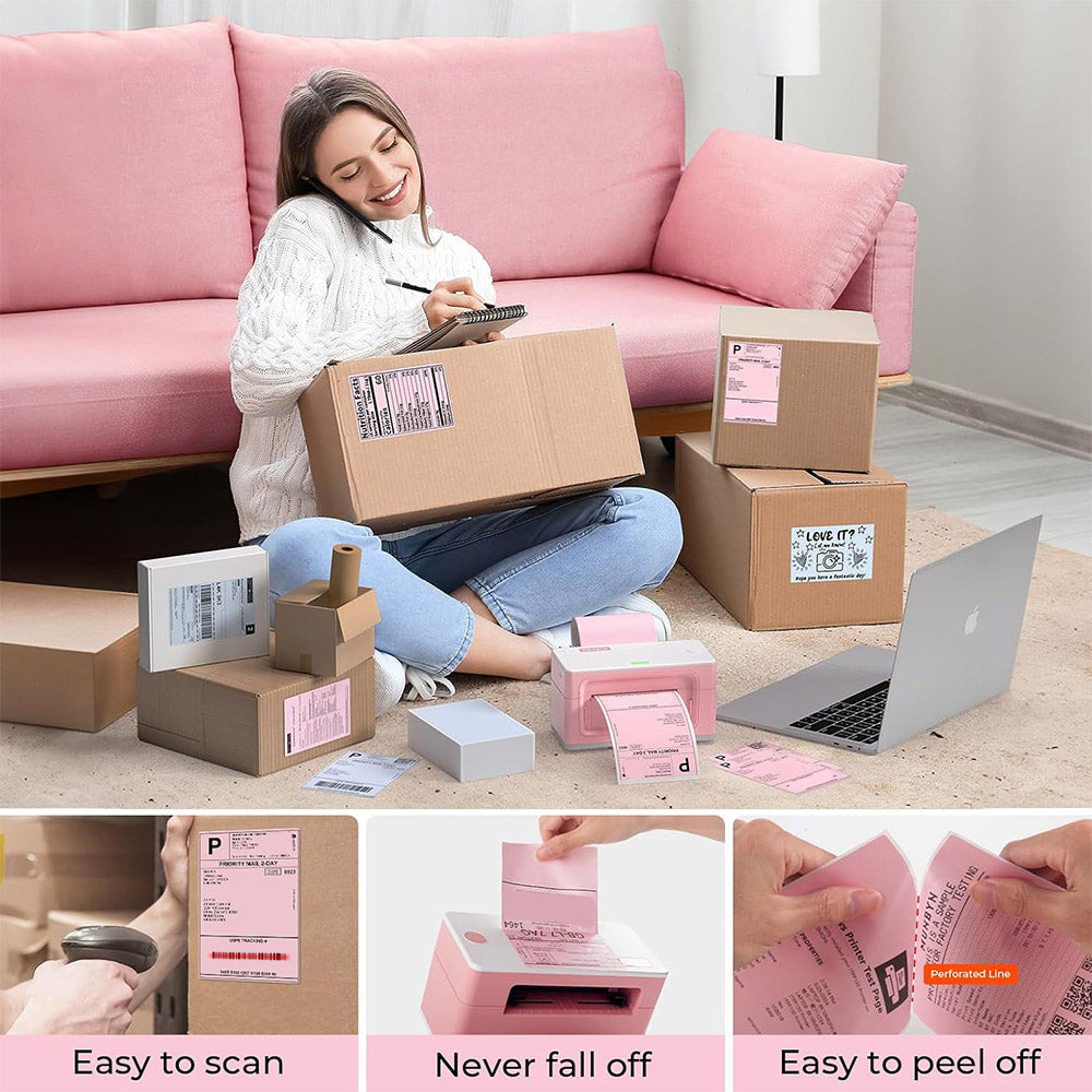 Woman preparing shipping boxes with pink thermal labels, thermal label printer, and laptop in living room; close-ups of label features below.