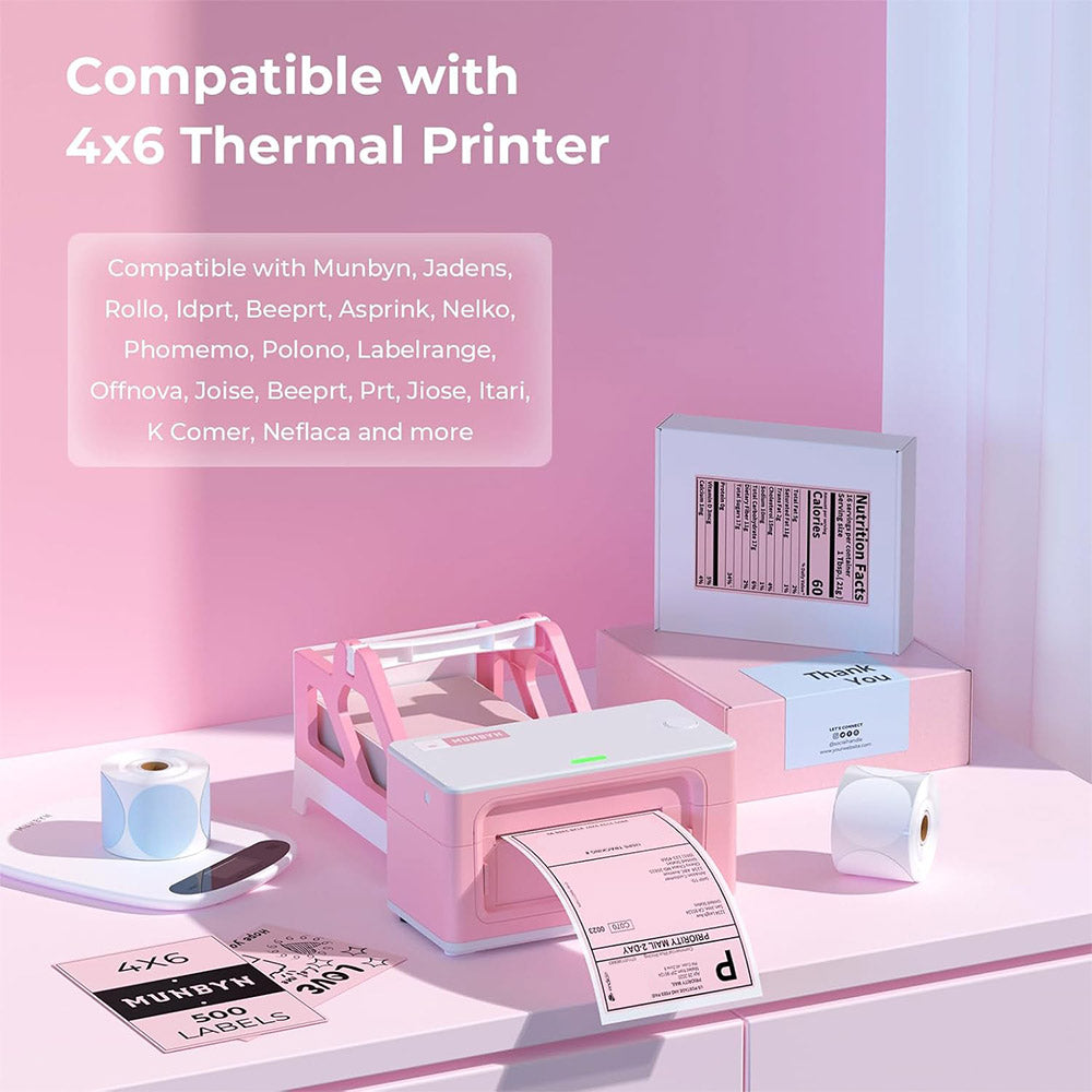 Pink 4x6 thermal label printer setup with printed shipping labels, rolls, and packaging boxes