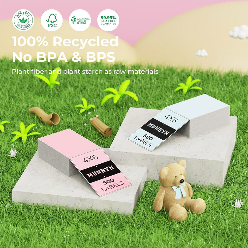Recycled 4x6 thermal labels in pink and blue, 500 count each, on grass with eco-friendly icons.