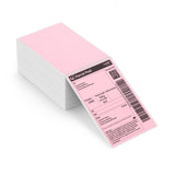 Stack of pink thermal shipping labels with Parcel Post design, barcode, and text details.