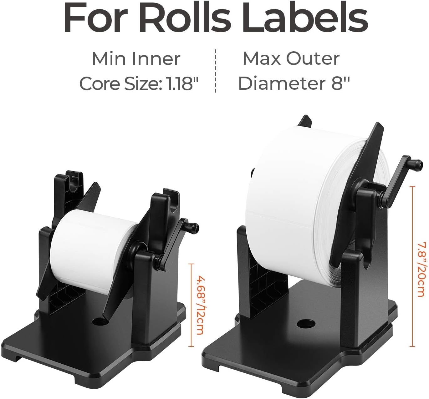 Two black label roll holders for thermal printer labels with size measurements, suitable for shipping labels.