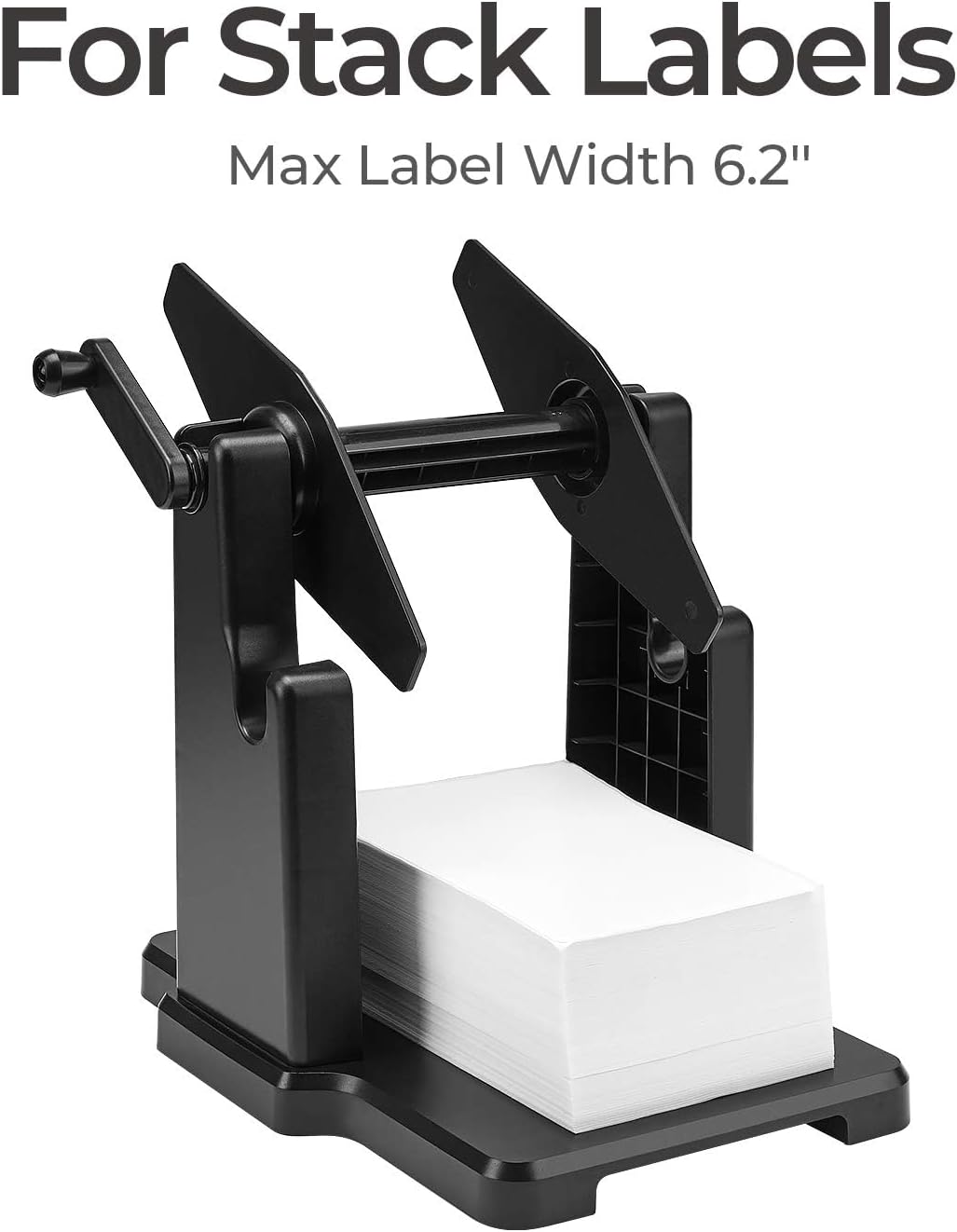 Black stack label holder with handle for thermal shipping labels, max width 6.2 inches
