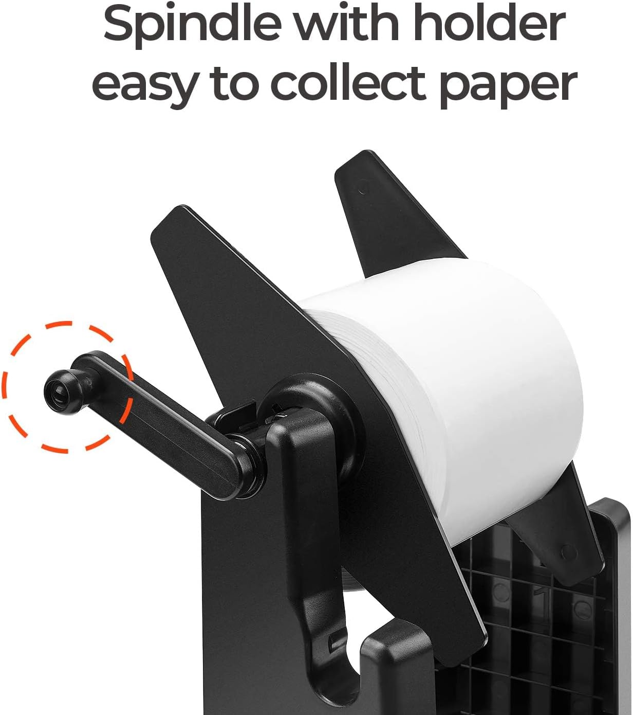 Thermal label roll on black spindle holder with handle, easy paper collection feature.