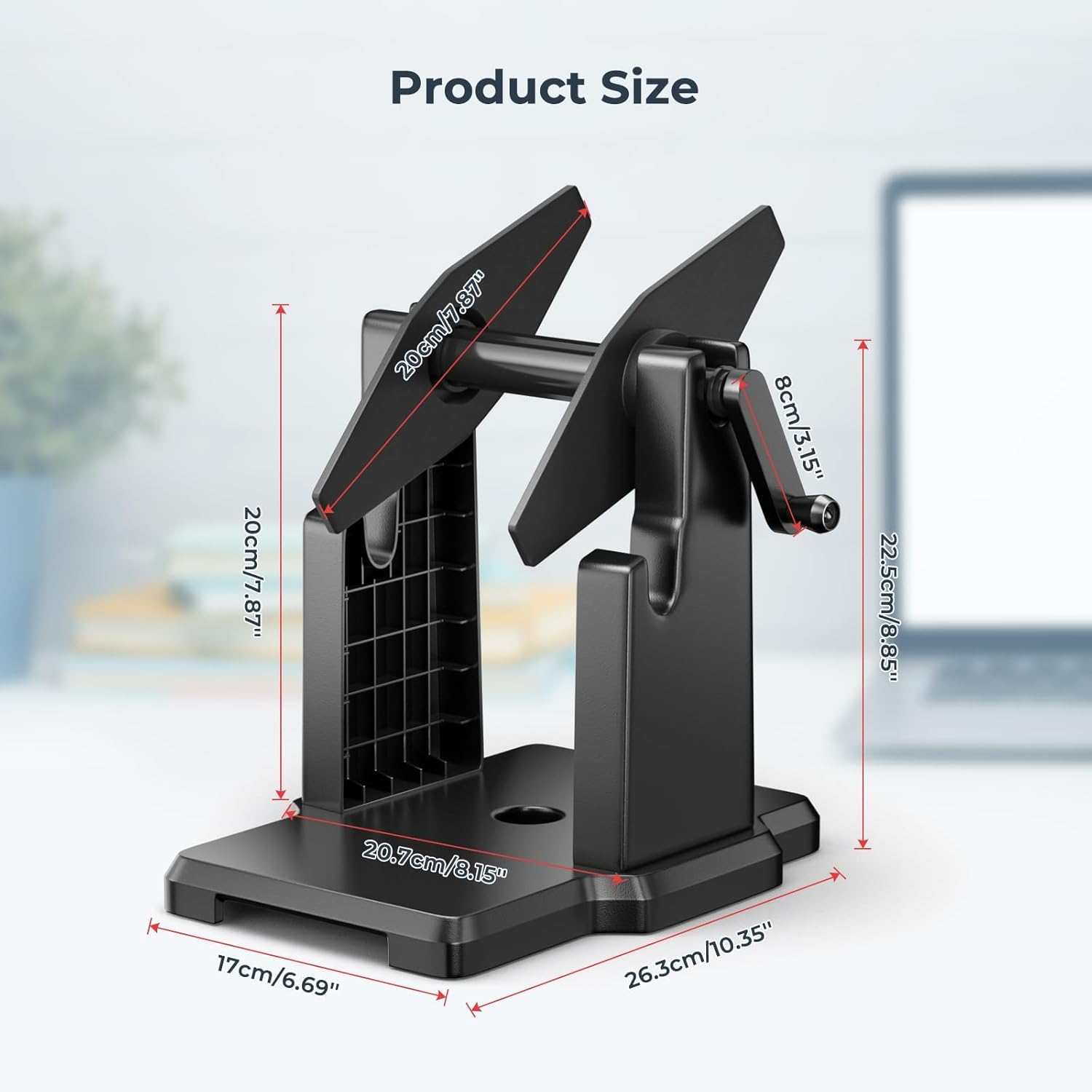 Black label roll holder for thermal printer with dimensions, office desk background