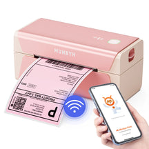 The MUNBYN RW401 pink wireless thermal printer, for WiFi printing, can be used with MUNBYN Print app.